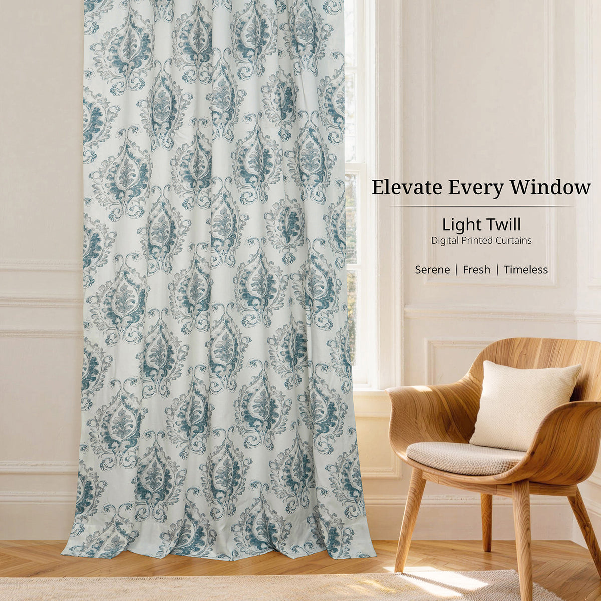 Aztec Geo Blue Damask Artisan Bloom Printed Cotton Twill Room Darkening Curtain