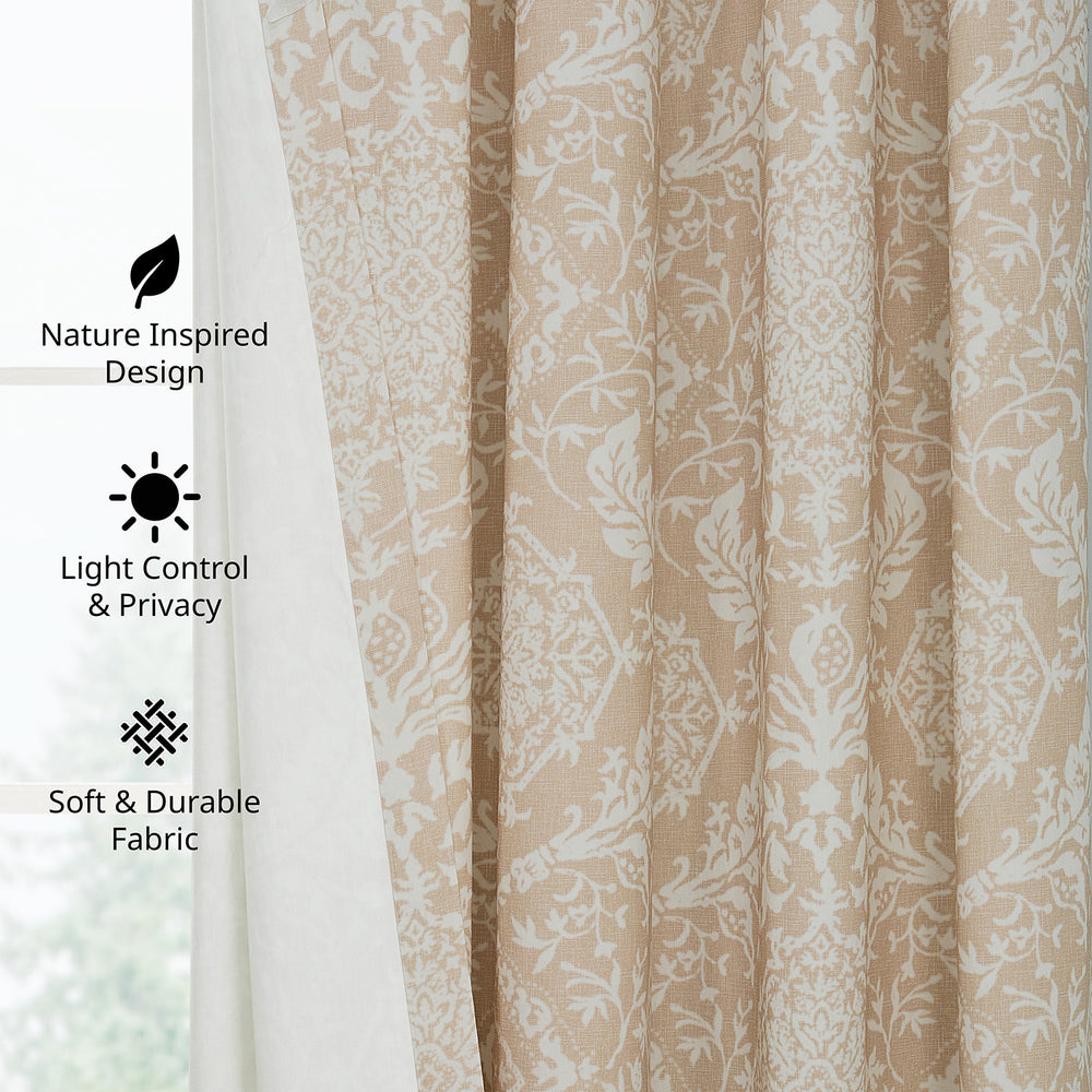 Vintage Damask Taupe Damask Artisan Bloom Printed Cotton Twill Room Darkening Curtain