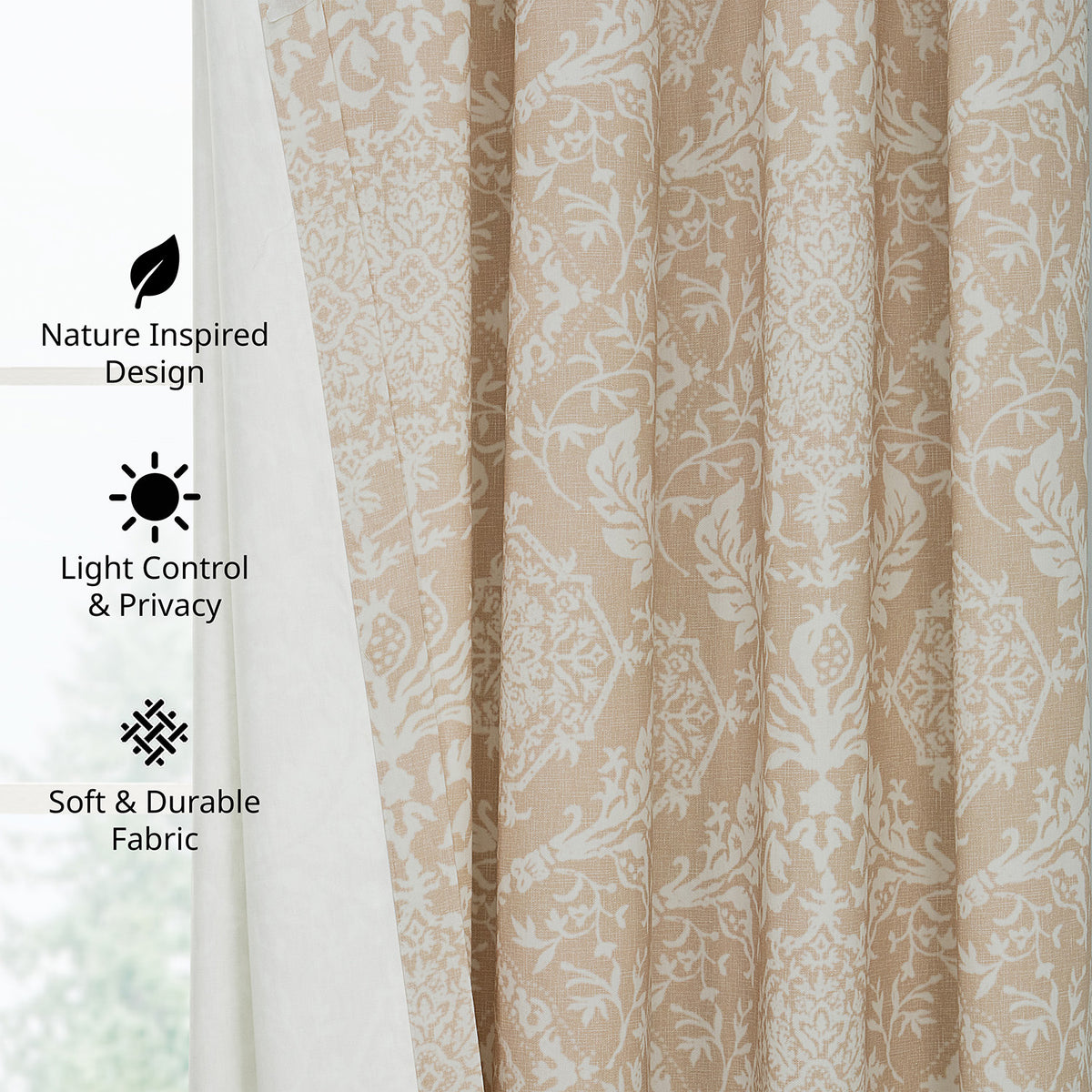 Vintage Damask Taupe Damask Artisan Bloom Printed Cotton Twill Room Darkening Curtain