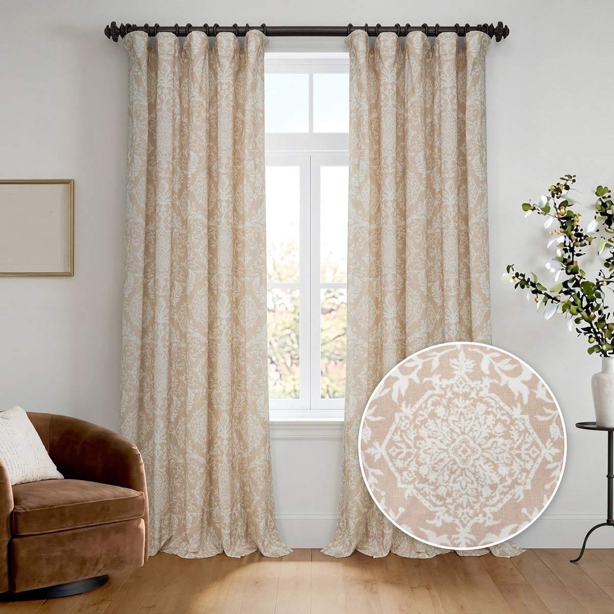 Vintage Taupe Damask Artisan Bloom Printed Cotton Twill Room Darkening Curtain