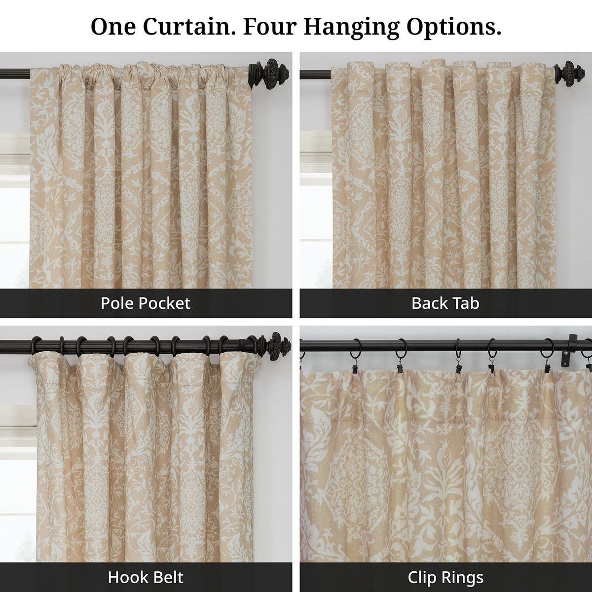 Vintage Damask Taupe Damask Artisan Bloom Printed Cotton Twill Room Darkening Curtain
