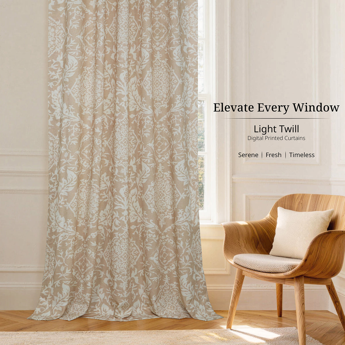 Vintage Damask Taupe Damask Artisan Bloom Printed Cotton Twill Room Darkening Curtain