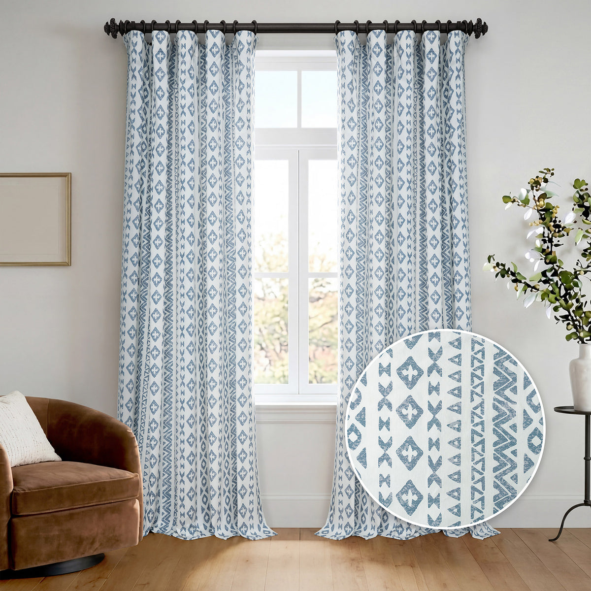 Heirloom Damask Teal Geometric Digital Printed Cotton Twill Room Darkening Curtain