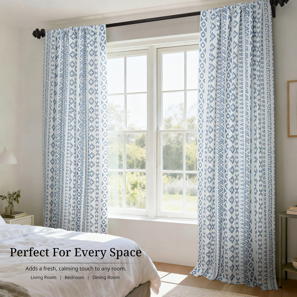 Heirloom Damask Teal Geometric Digital Printed Cotton Twill Room Darkening Curtain