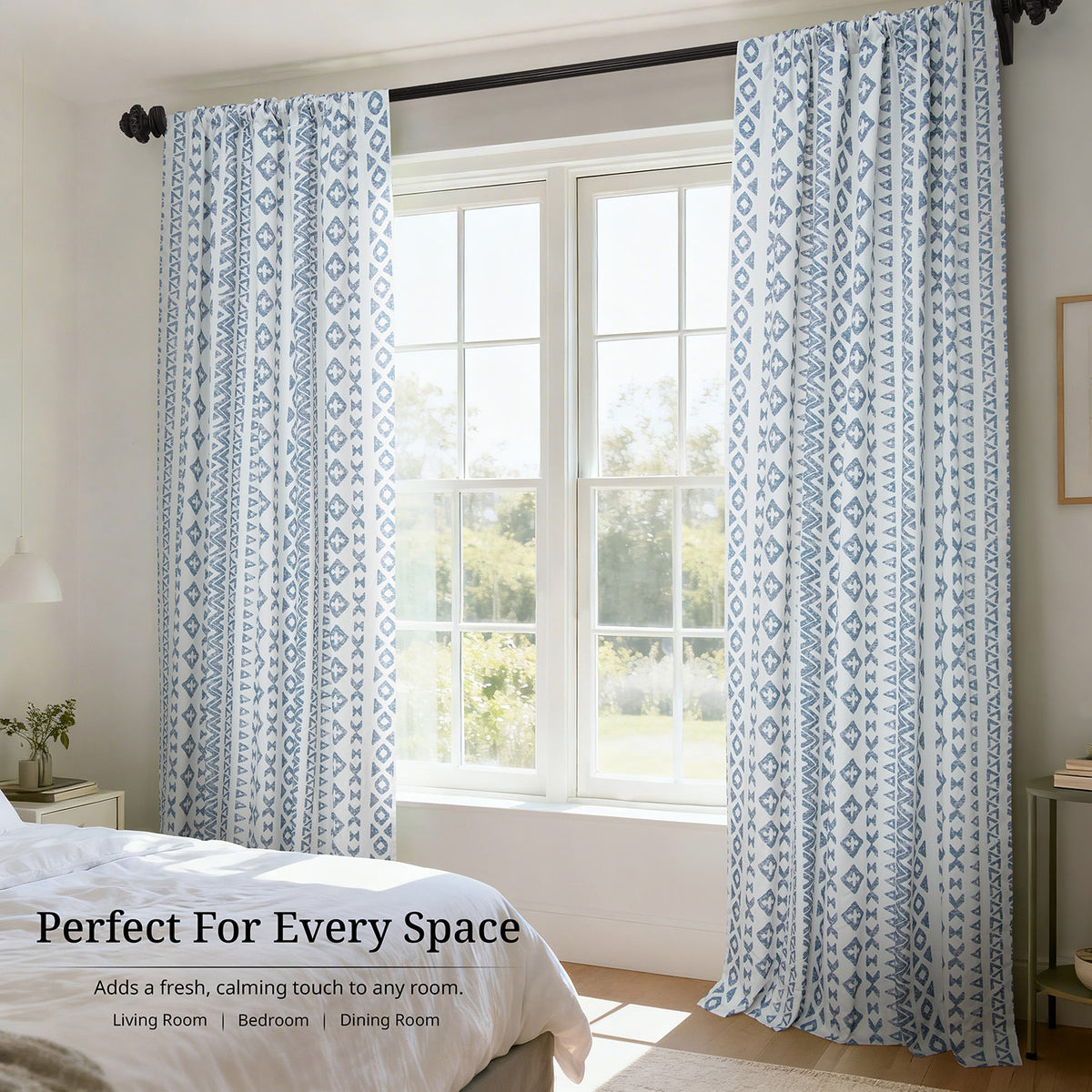 Heirloom Damask Teal Geometric Digital Printed Cotton Twill Room Darkening Curtain