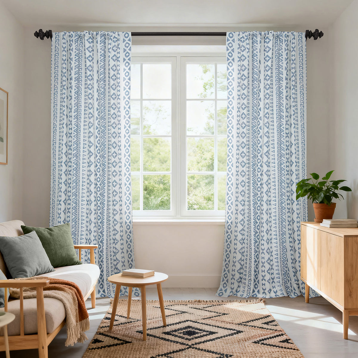 Heirloom Damask Teal Geometric Digital Printed Cotton Twill Custom Curtain