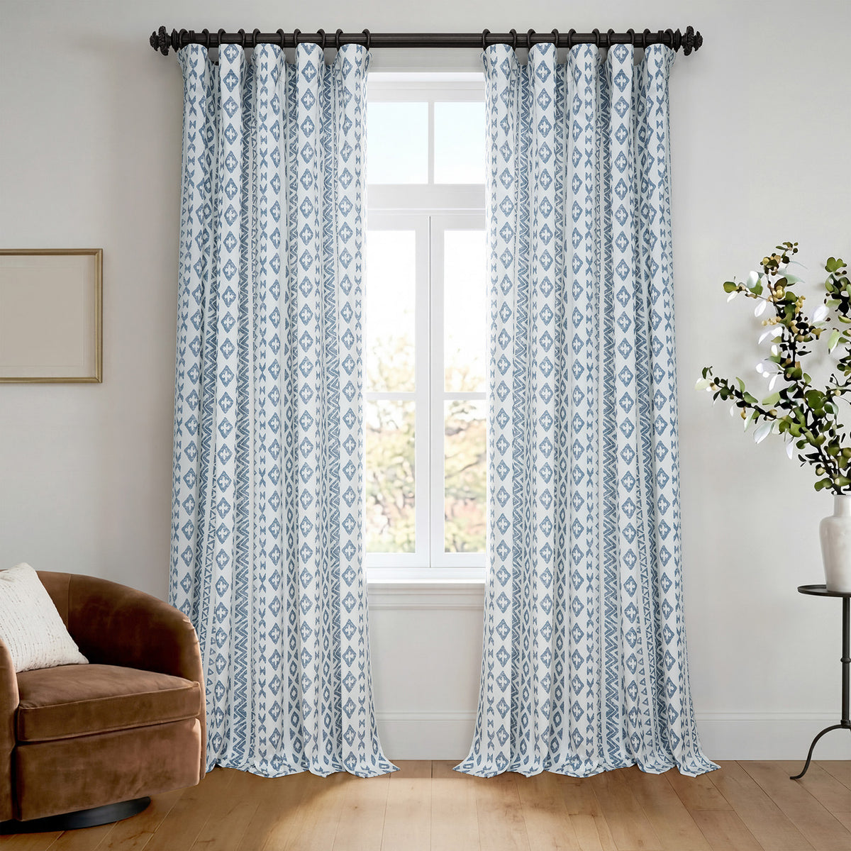 Heirloom Damask Teal Geometric Digital Printed Cotton Twill Room Darkening Curtain