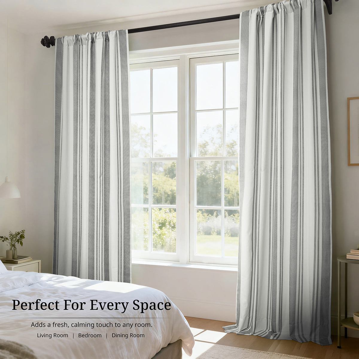 Ticking Stripe Grey Striped Digital Printed Cotton Twill Room Darkening Curtain