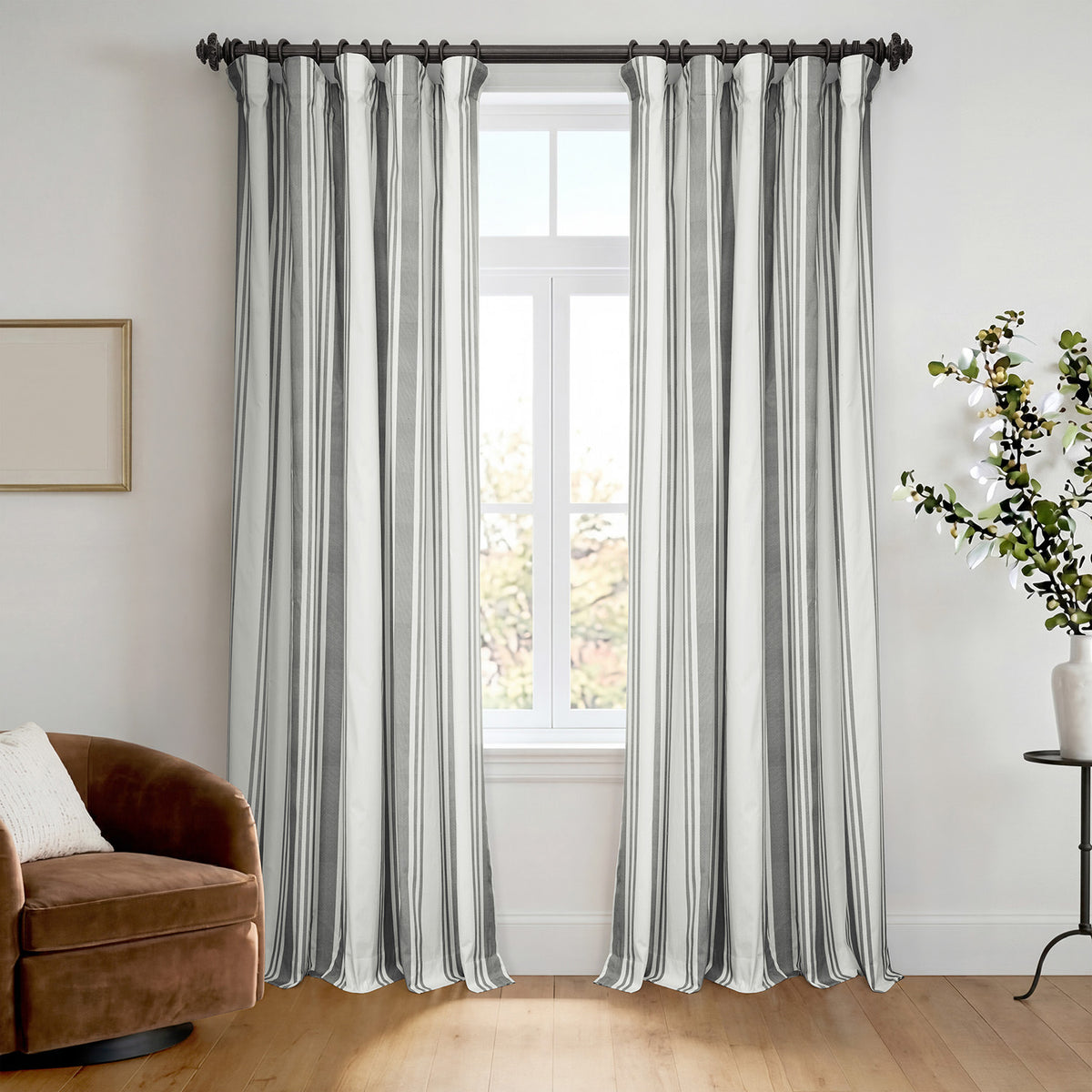 Ticking Stripe Grey Striped Digital Printed Cotton Twill Room Darkening Curtain