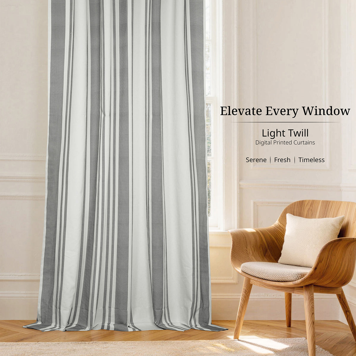 Ticking Stripe Grey Striped Digital Printed Cotton Twill Room Darkening Curtain