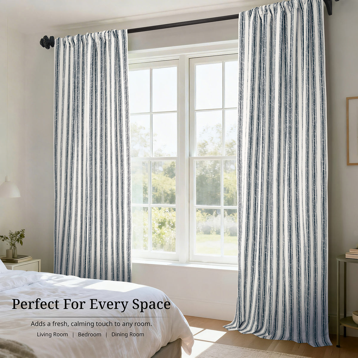 Ink Wash Stripe Navy Striped Digital Printed Cotton Twill Room Darkening Curtain