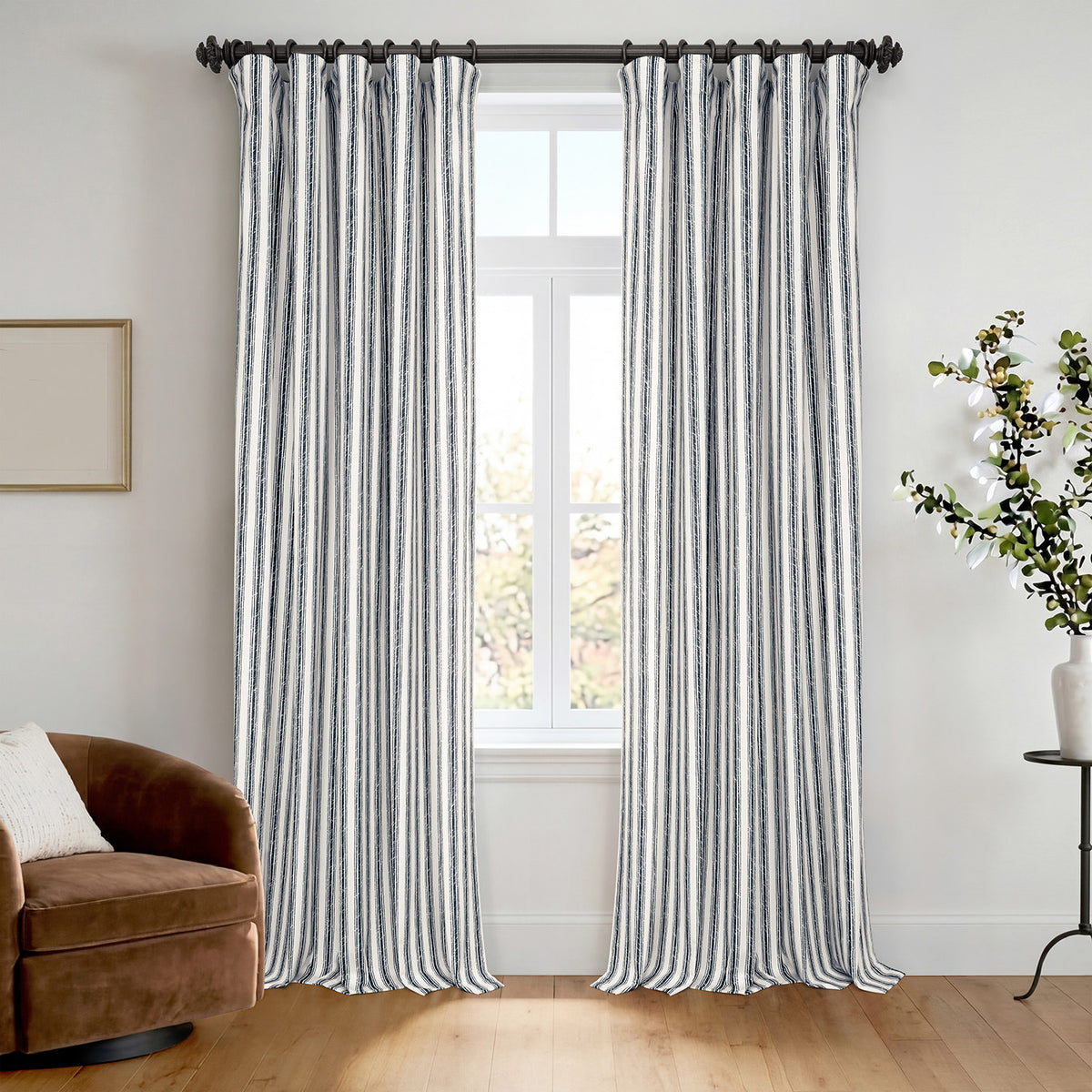 Ink Wash Stripe Navy Striped Digital Printed Cotton Twill Room Darkening Curtain