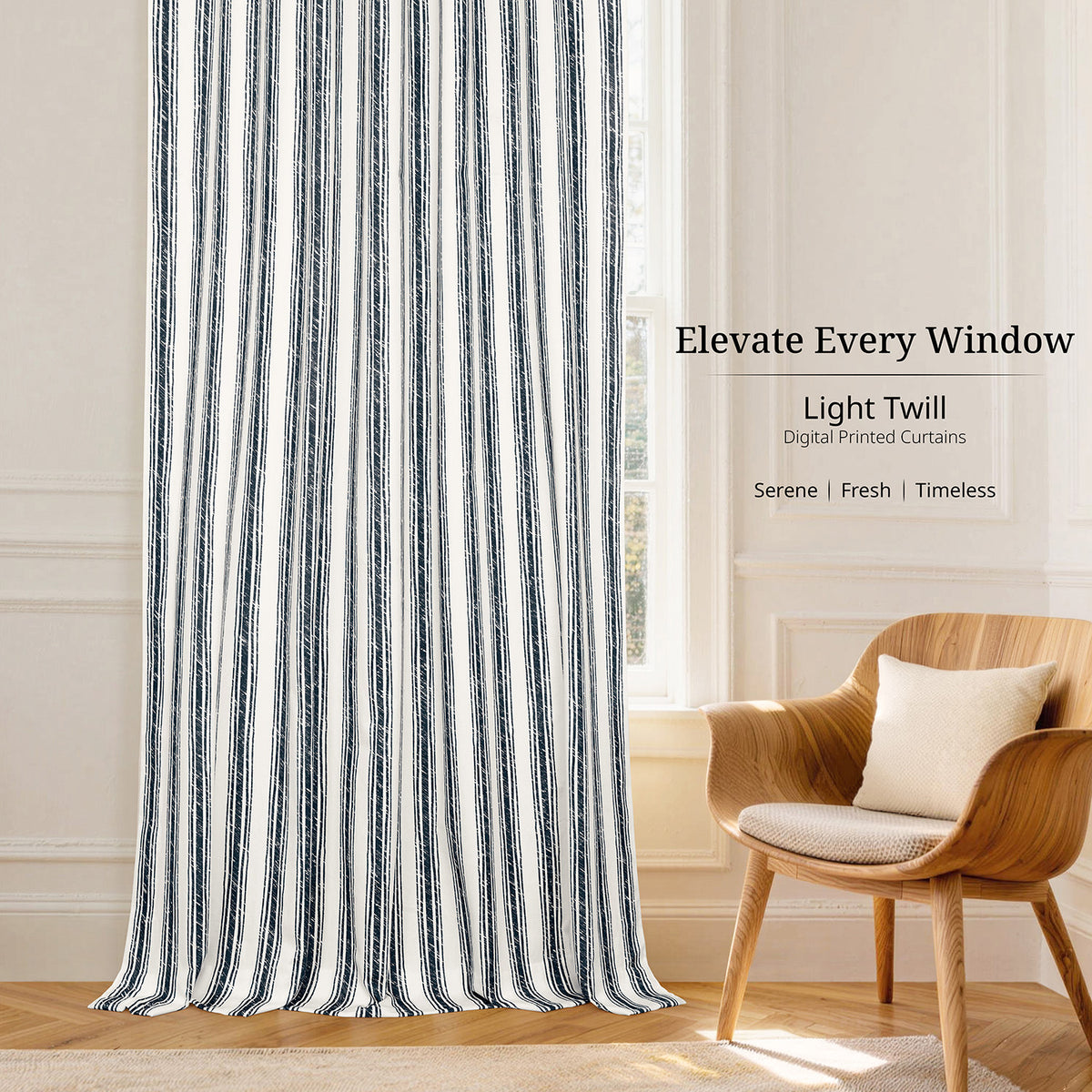 Ink Wash Stripe Navy Striped Digital Printed Cotton Twill Room Darkening Curtain