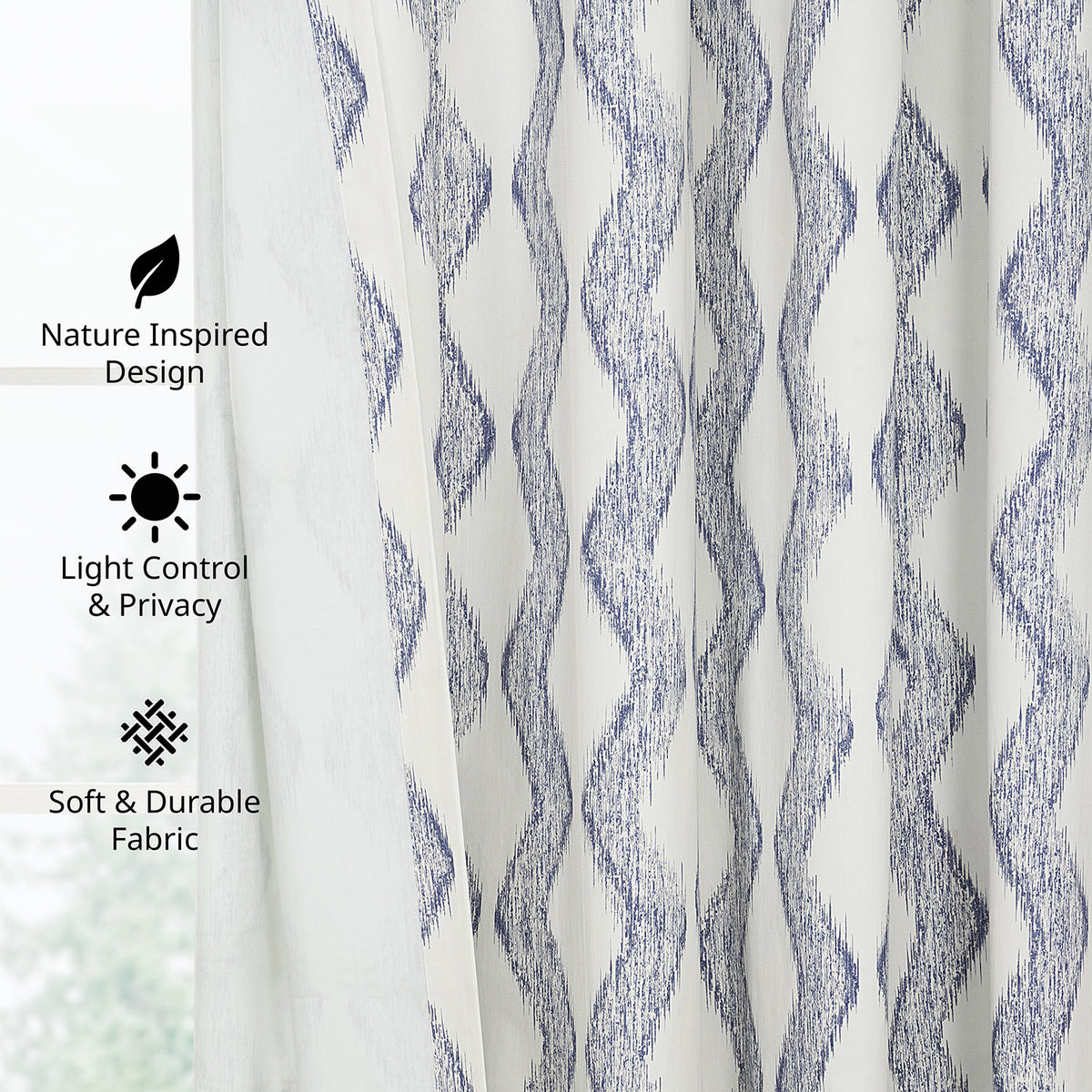 Ikat Wave Indigo Geometric Artisan Bloom Printed Cotton Twill Room Darkening Curtain