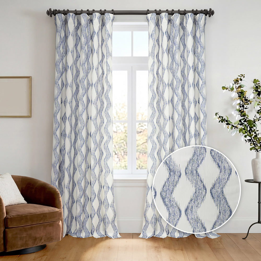 Ikat Wave Indigo Geometric Artisan Bloom Printed Cotton Twill Room Darkening Curtain
