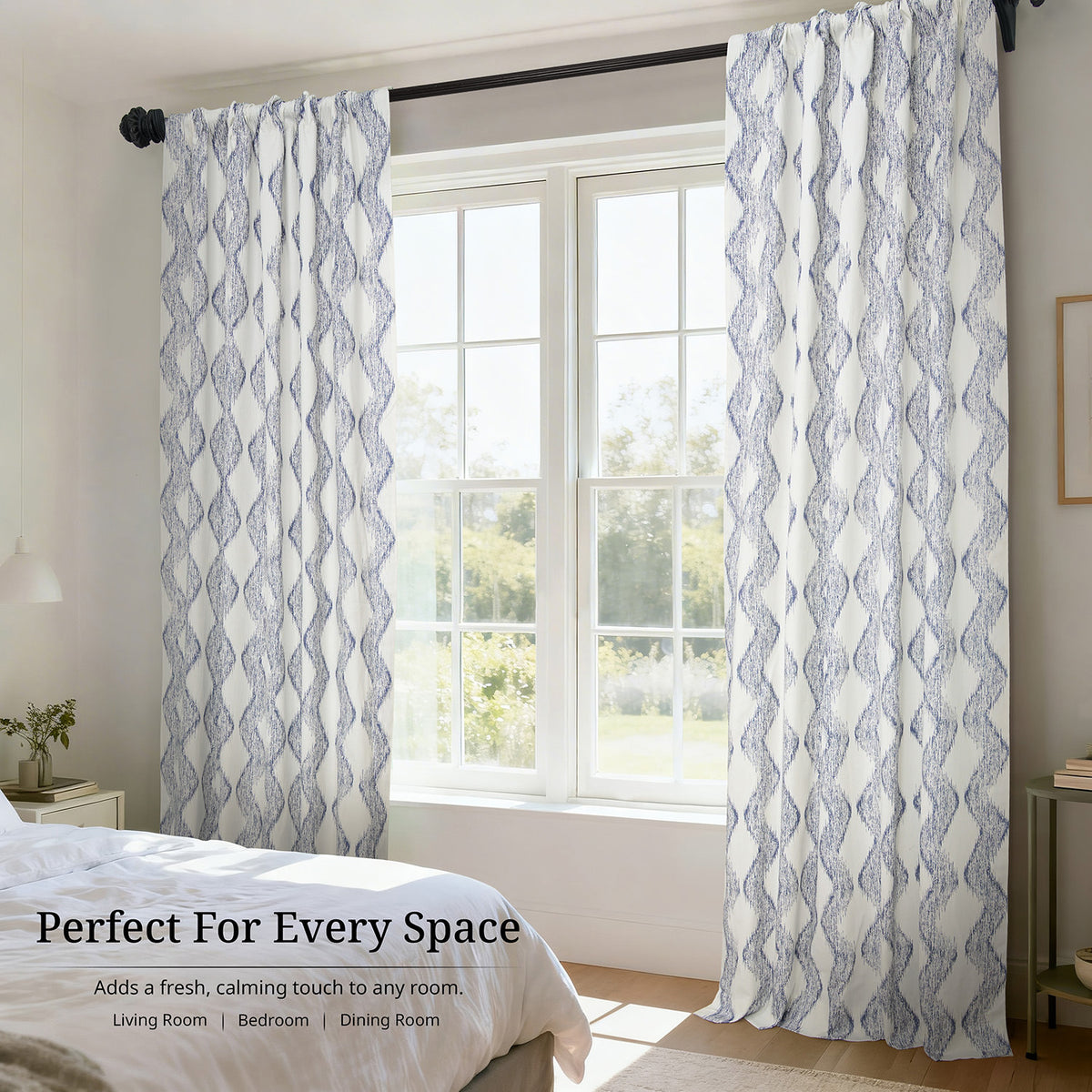 Ikat Wave Indigo Geometric Artisan Bloom Printed Cotton Twill Room Darkening Curtain