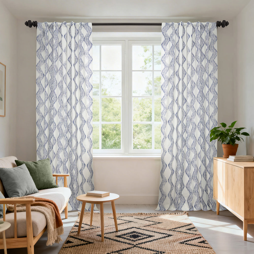 Ikat Wave Indigo Geometric Artisan Bloom Printed Cotton Twill Custom Curtain