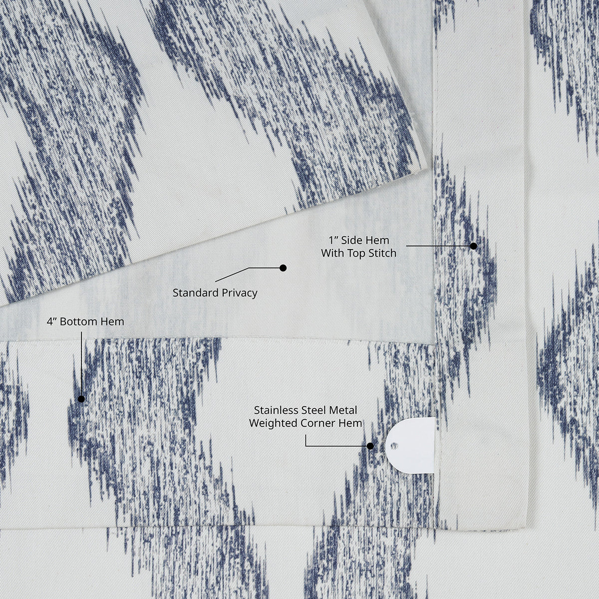 Ikat Wave Indigo Geometric Artisan Bloom Printed Cotton Twill Room Darkening Curtain