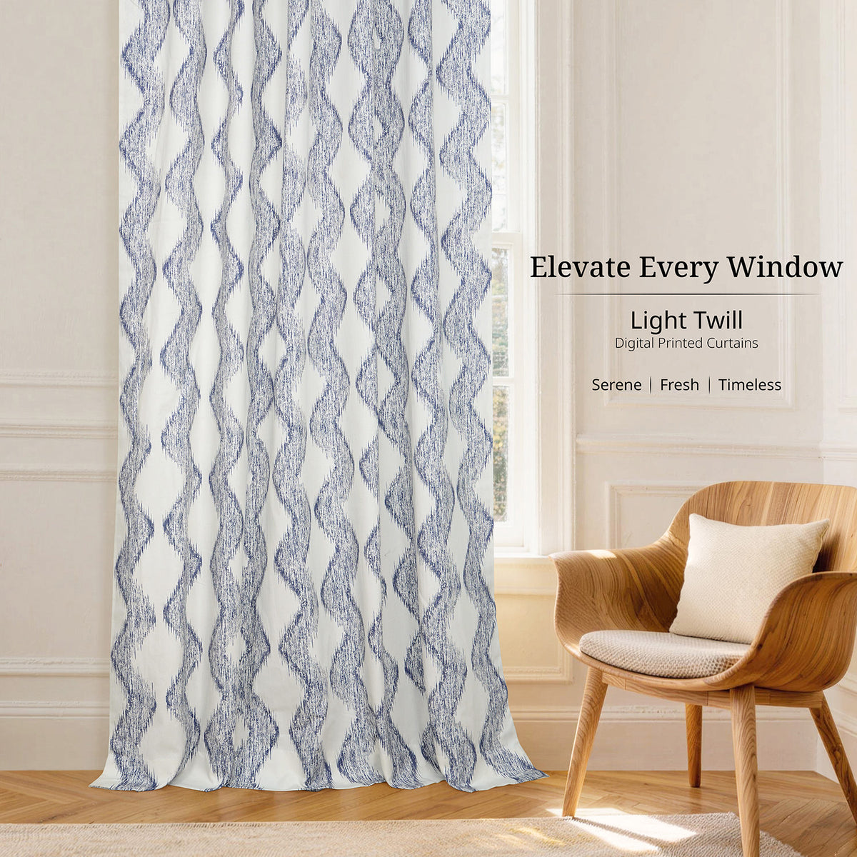 Ikat Wave Indigo Geometric Artisan Bloom Printed Cotton Twill Room Darkening Curtain