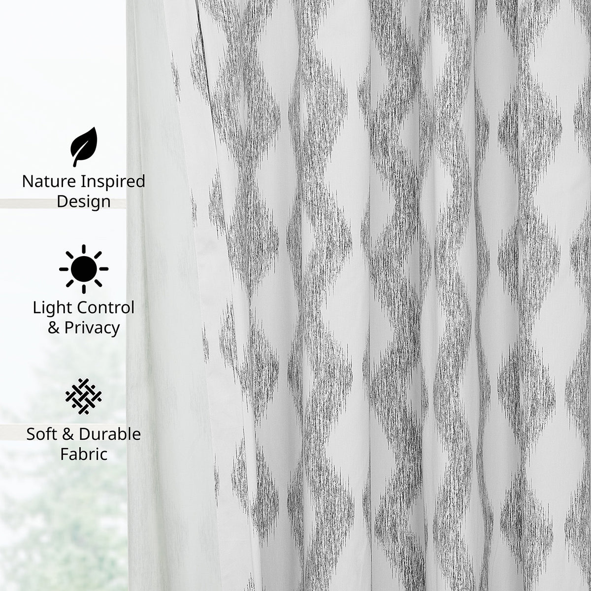 Ikat Wave Charcoal Geometric Artisan Bloom Printed Cotton Twill Room Darkening Curtain