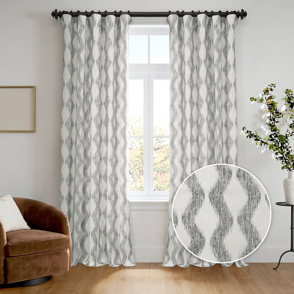 Ikat Wave Charcoal Geometric Artisan Bloom Printed Cotton Twill Room Darkening Curtain