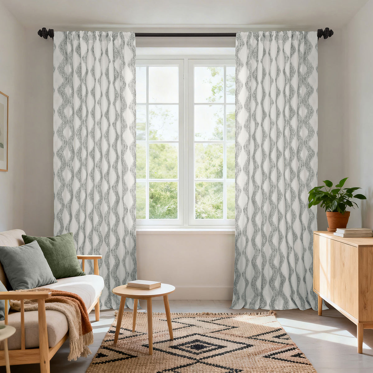 Ikat Wave Charcoal Geometric Artisan Bloom Printed Cotton Twill Custom Curtain