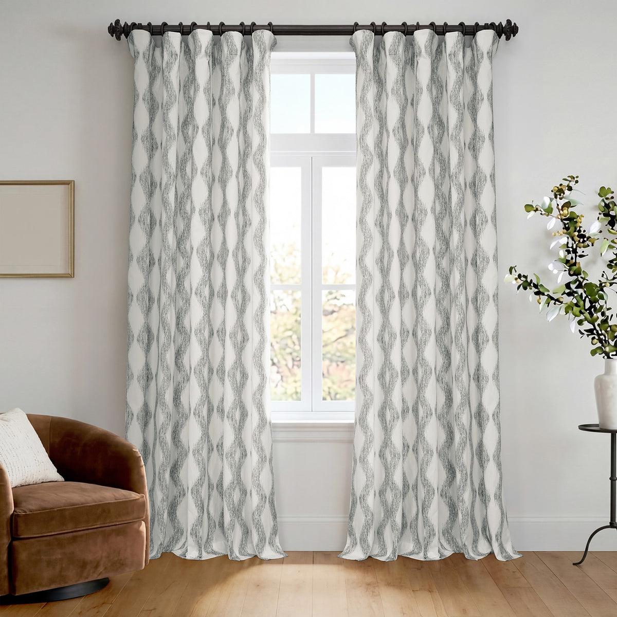 Ikat Wave Charcoal Geometric Artisan Bloom Printed Cotton Twill Room Darkening Curtain