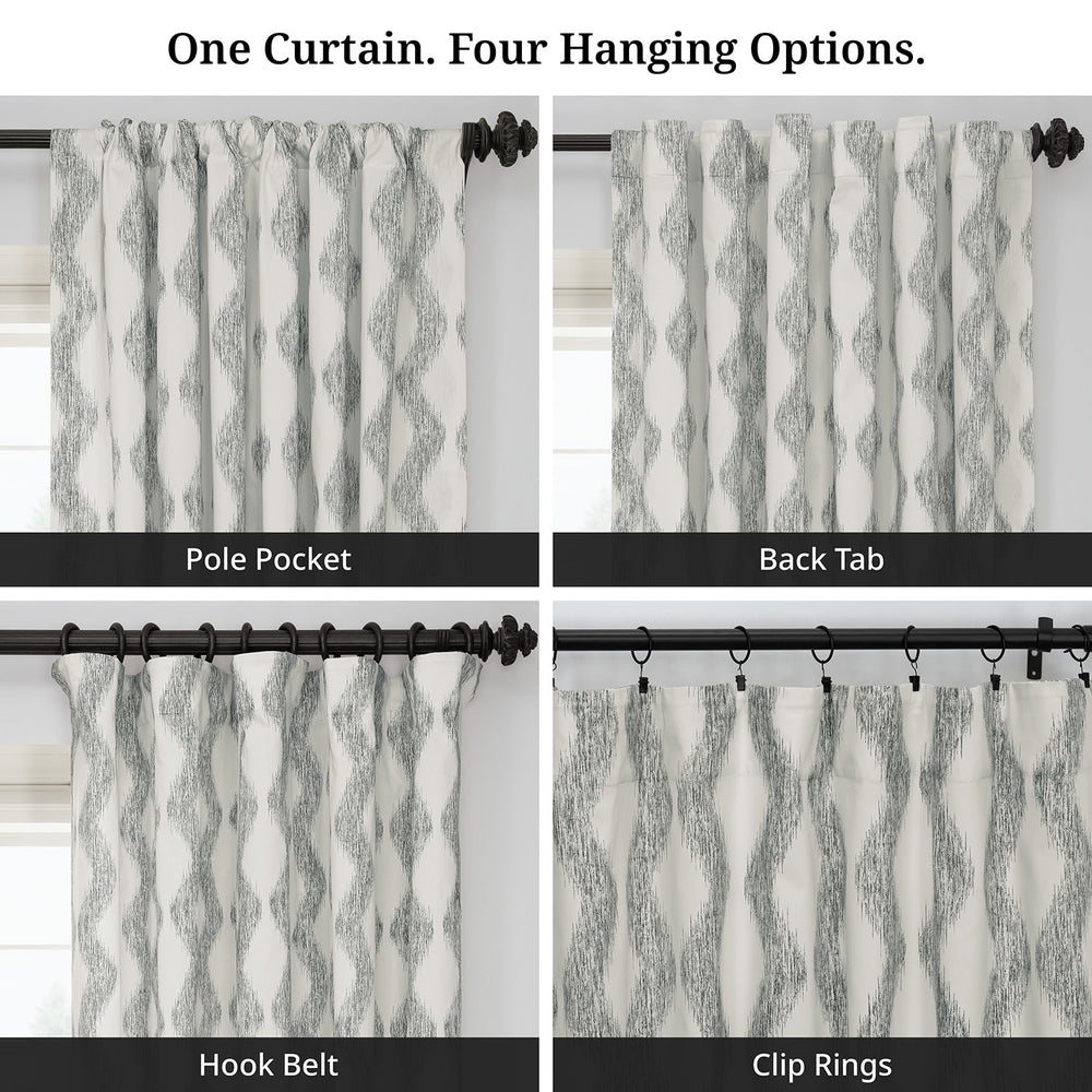 Ikat Wave Charcoal Geometric Artisan Bloom Printed Cotton Twill Room Darkening Curtain