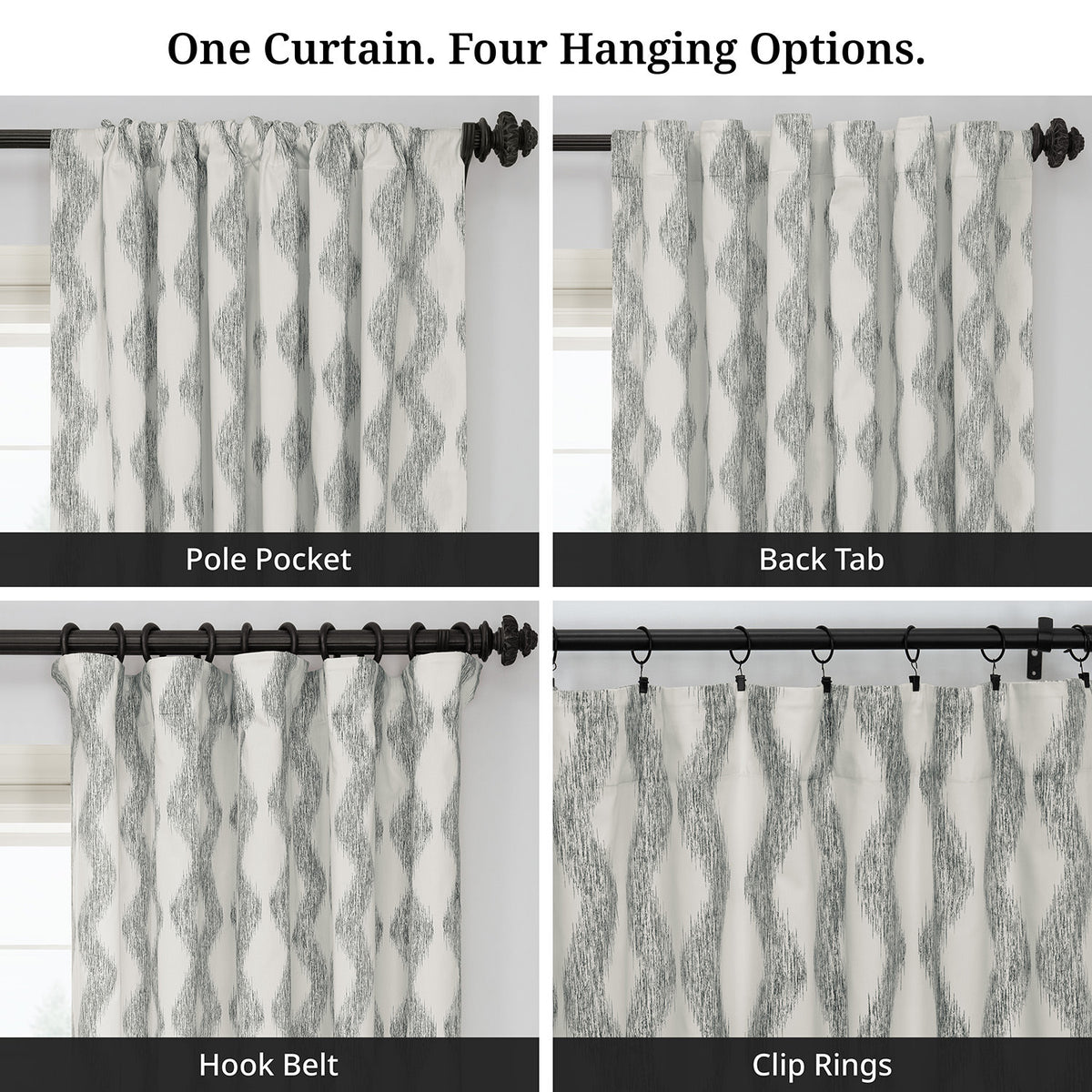 Ikat Wave Charcoal Geometric Artisan Bloom Printed Cotton Twill Room Darkening Curtain