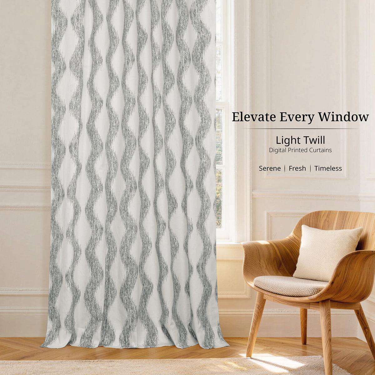 Ikat Wave Charcoal Geometric Artisan Bloom Printed Cotton Twill Room Darkening Curtain