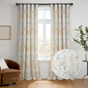 Meadow Bloom Honey Floral Artisan Bloom Printed Cotton Twill Room Darkening Curtain
