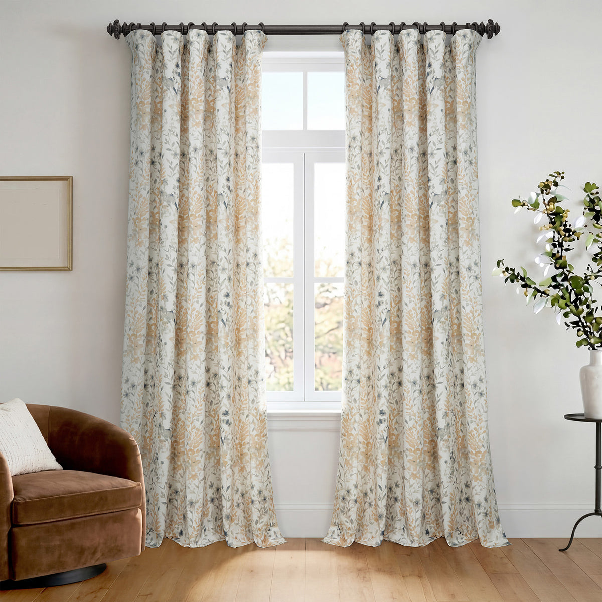 Meadow Bloom Honey Floral Artisan Bloom Printed Cotton Twill Room Darkening Curtain