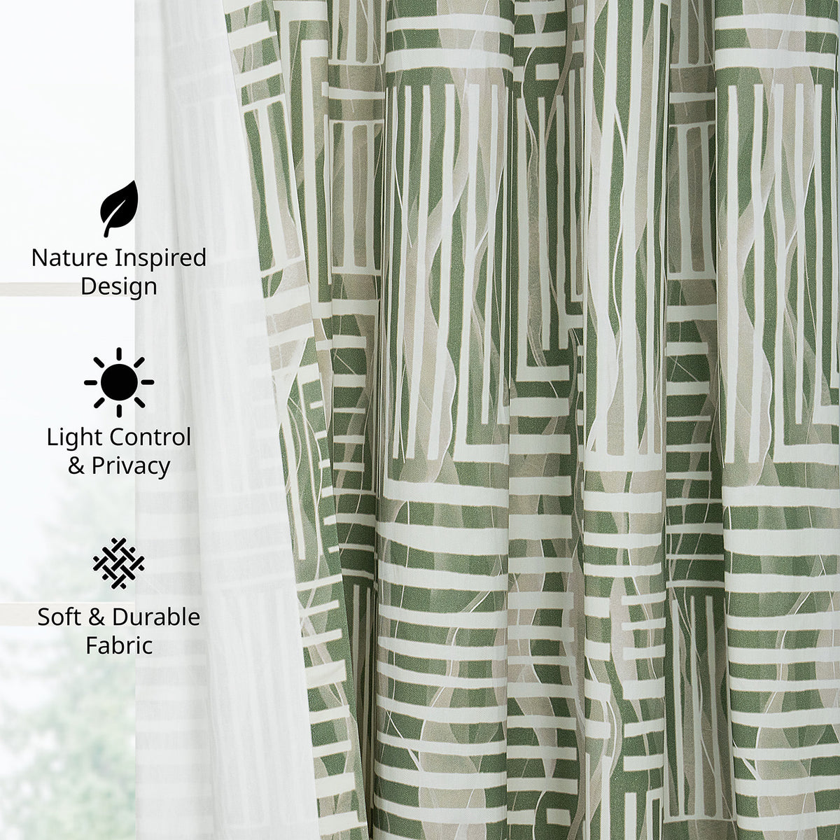 Woven Abstract Green Abstract Artisan Bloom Printed Cotton Twill Room Darkening Curtain