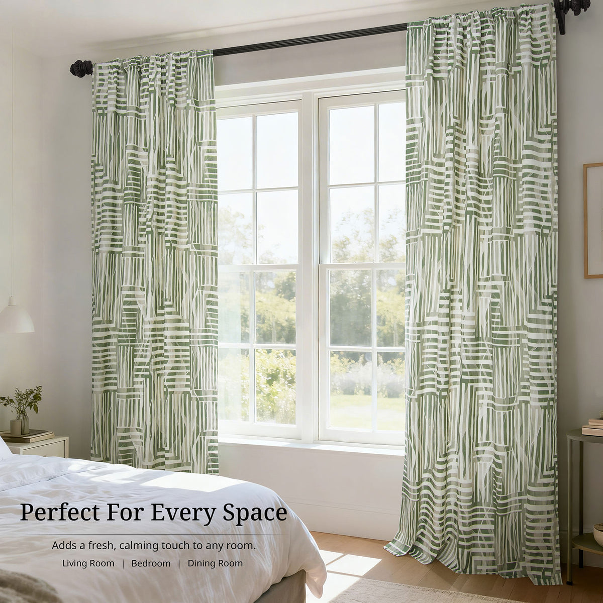 Woven Abstract Green Abstract Artisan Bloom Printed Cotton Twill Room Darkening Curtain