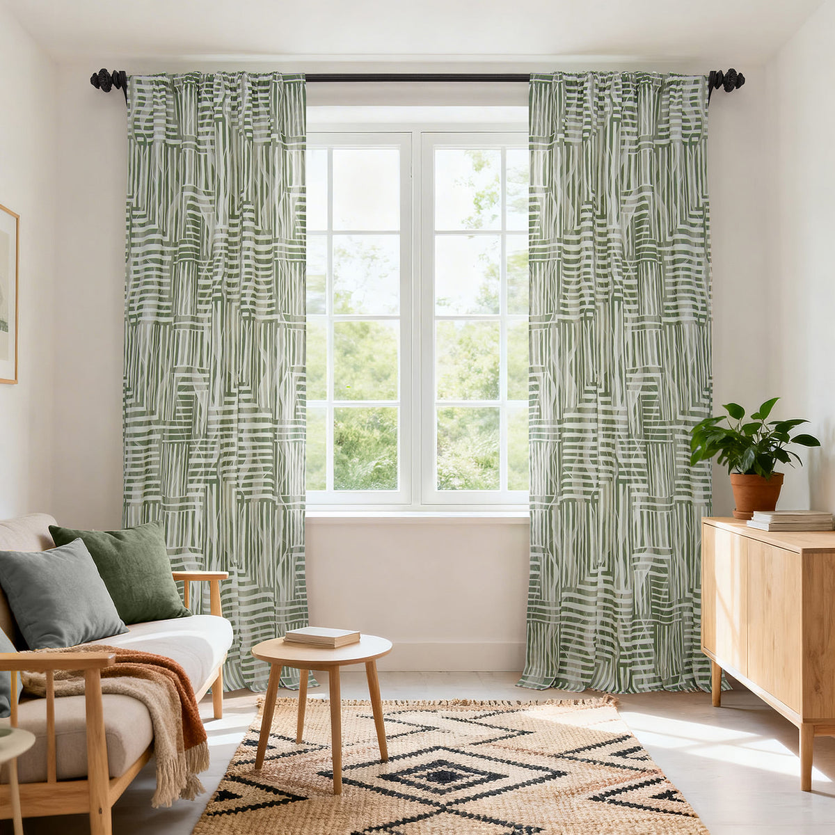 Woven Abstract Green Abstract Artisan Bloom Printed Cotton Twill Custom Curtain