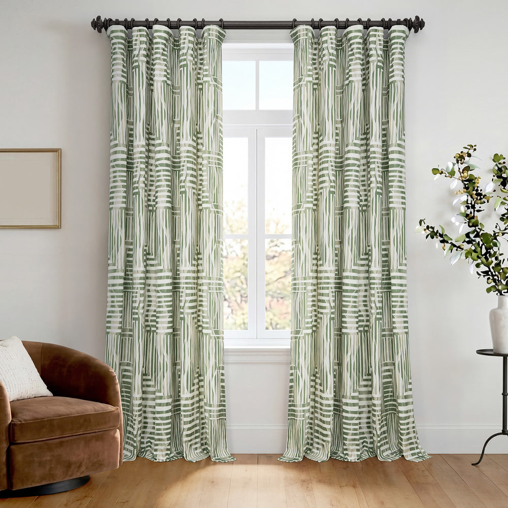 Woven Abstract Green Abstract Artisan Bloom Printed Cotton Twill Room Darkening Curtain