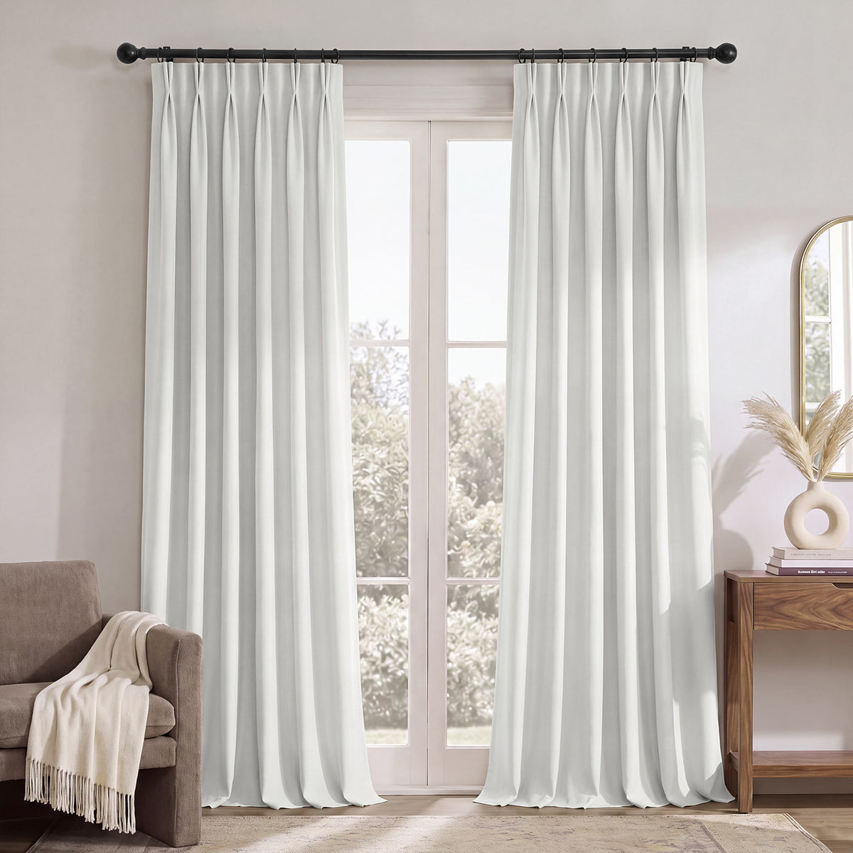 Off White Pinch Pleat Performance Linen Hotel Blackout Curtain