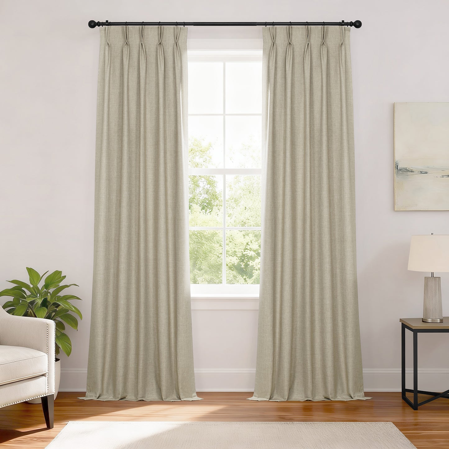 Light Beige French Pleat Performance Linen Hotel Blackout Curtain