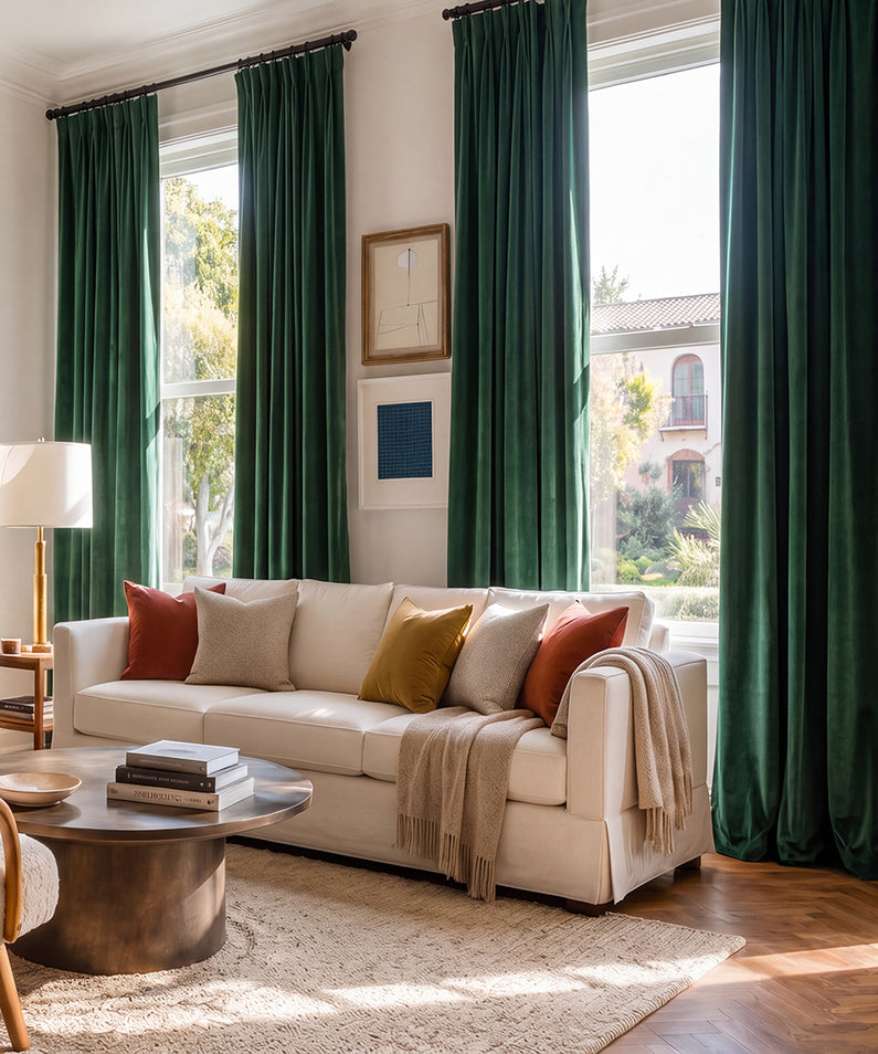 Forestry Green: Deep forest-green velvet curtains bring rich color and an elevated, cozy feel to this airy living room.