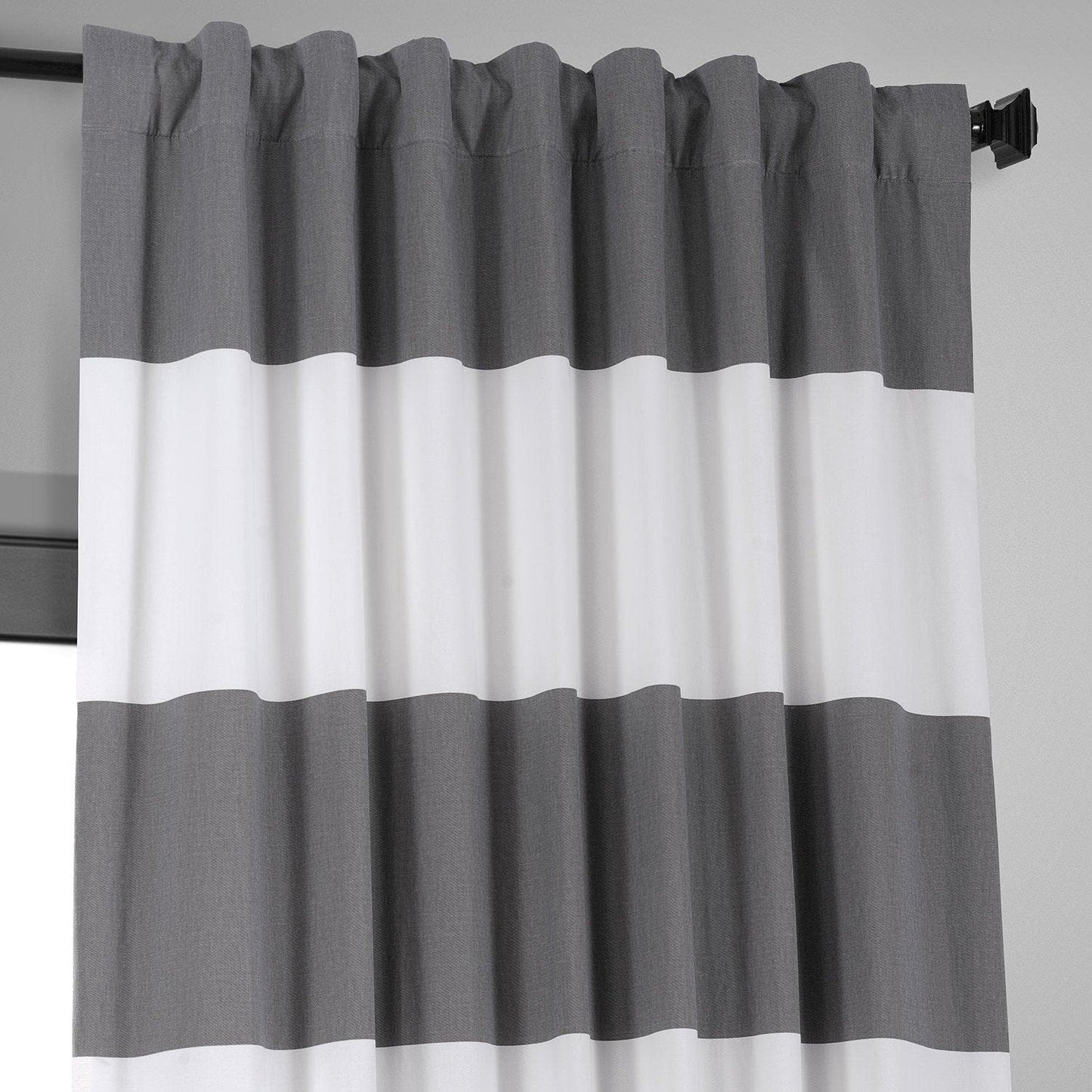 Slate Grey & Off White Horizontal Striped Printed Cotton Hotel Blackout Curtain - HalfPriceDrapes.com