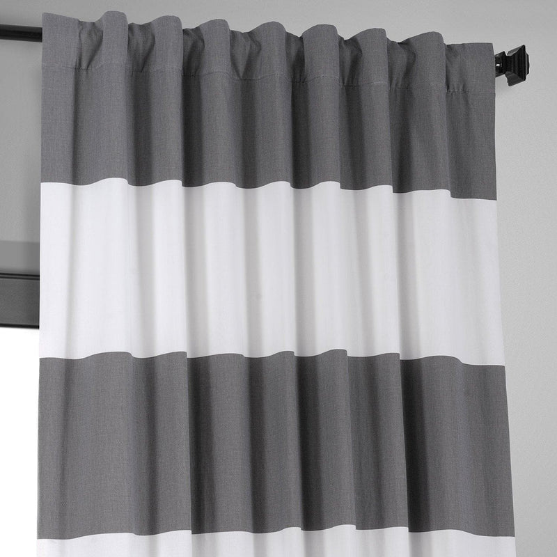 Slate Grey & Off White Horizontal Striped Printed Cotton Hotel Blackout Curtain - HalfPriceDrapes.com