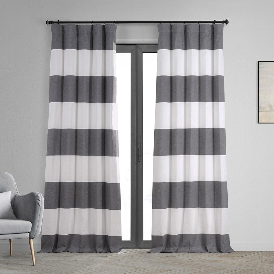 Slate Grey & Off White Horizontal Striped Printed Cotton Hotel Blackout Curtain - HalfPriceDrapes.com