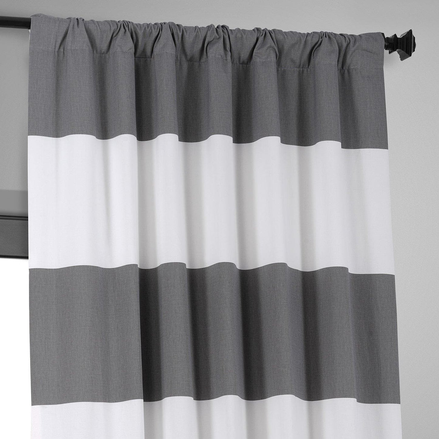 Slate Grey & Off White Horizontal Striped Printed Cotton Hotel Blackout Curtain - HalfPriceDrapes.com