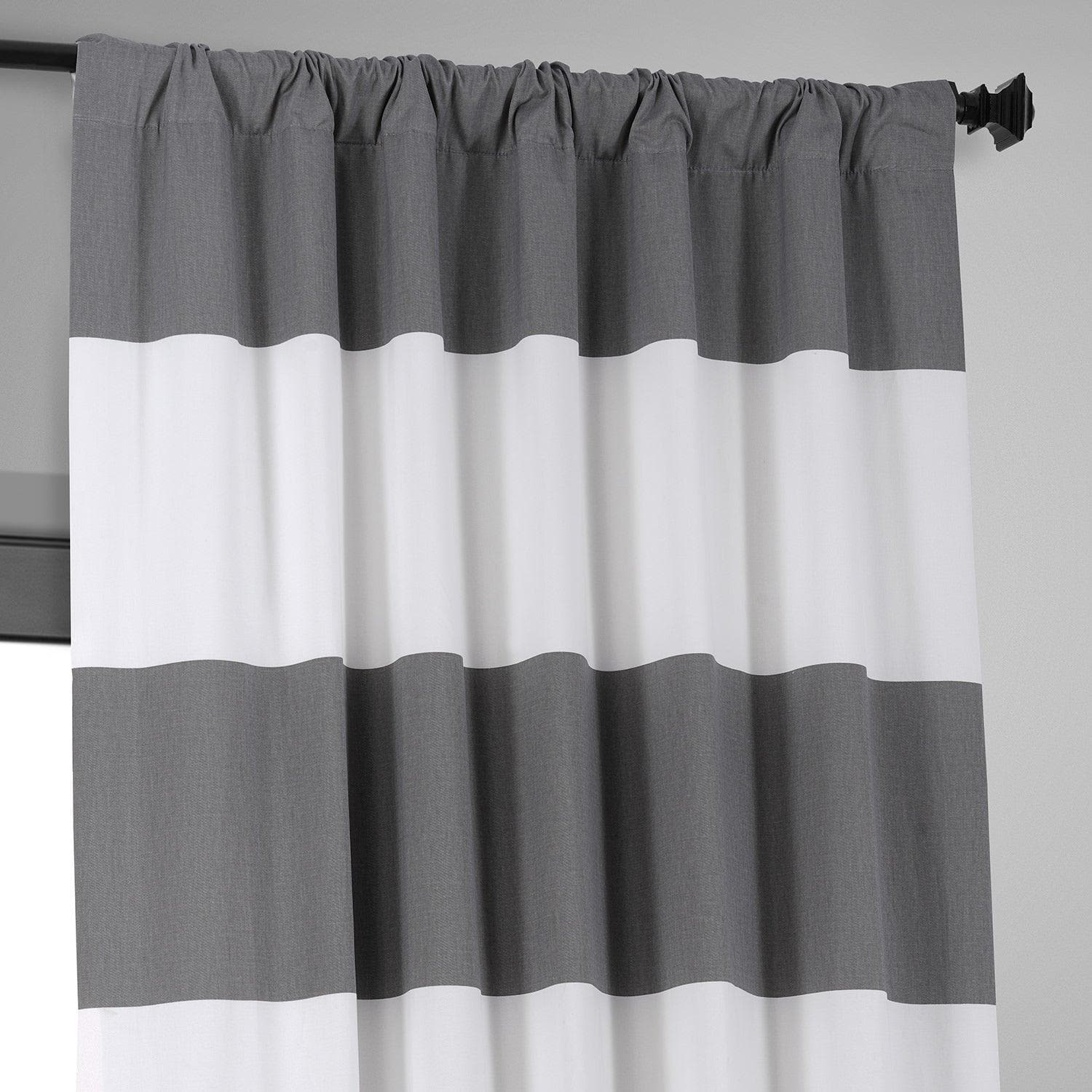 Slate Grey & Off White Horizontal Striped Printed Cotton Hotel Blackout Curtain - HalfPriceDrapes.com