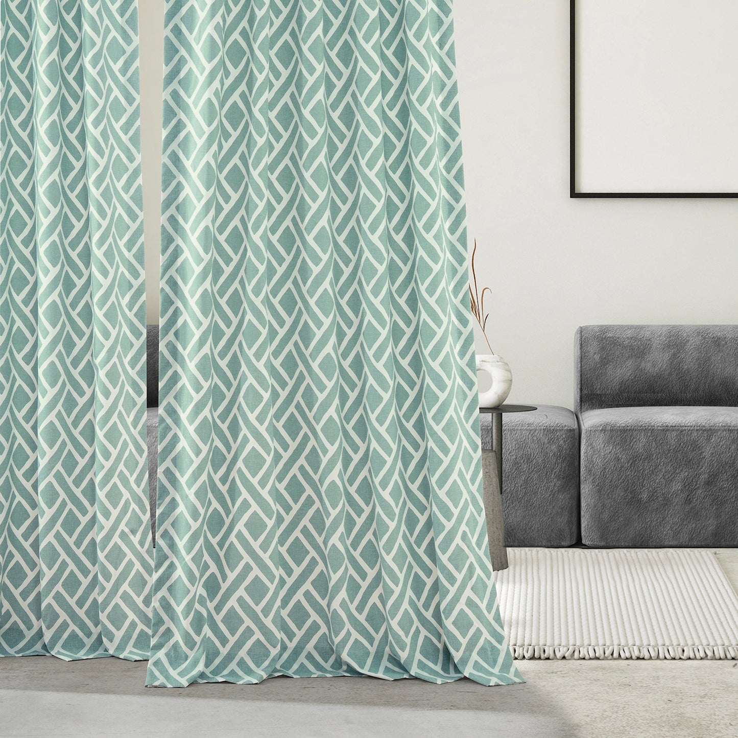 Martinique Aqua Geometric Printed Cotton Custom Curtain