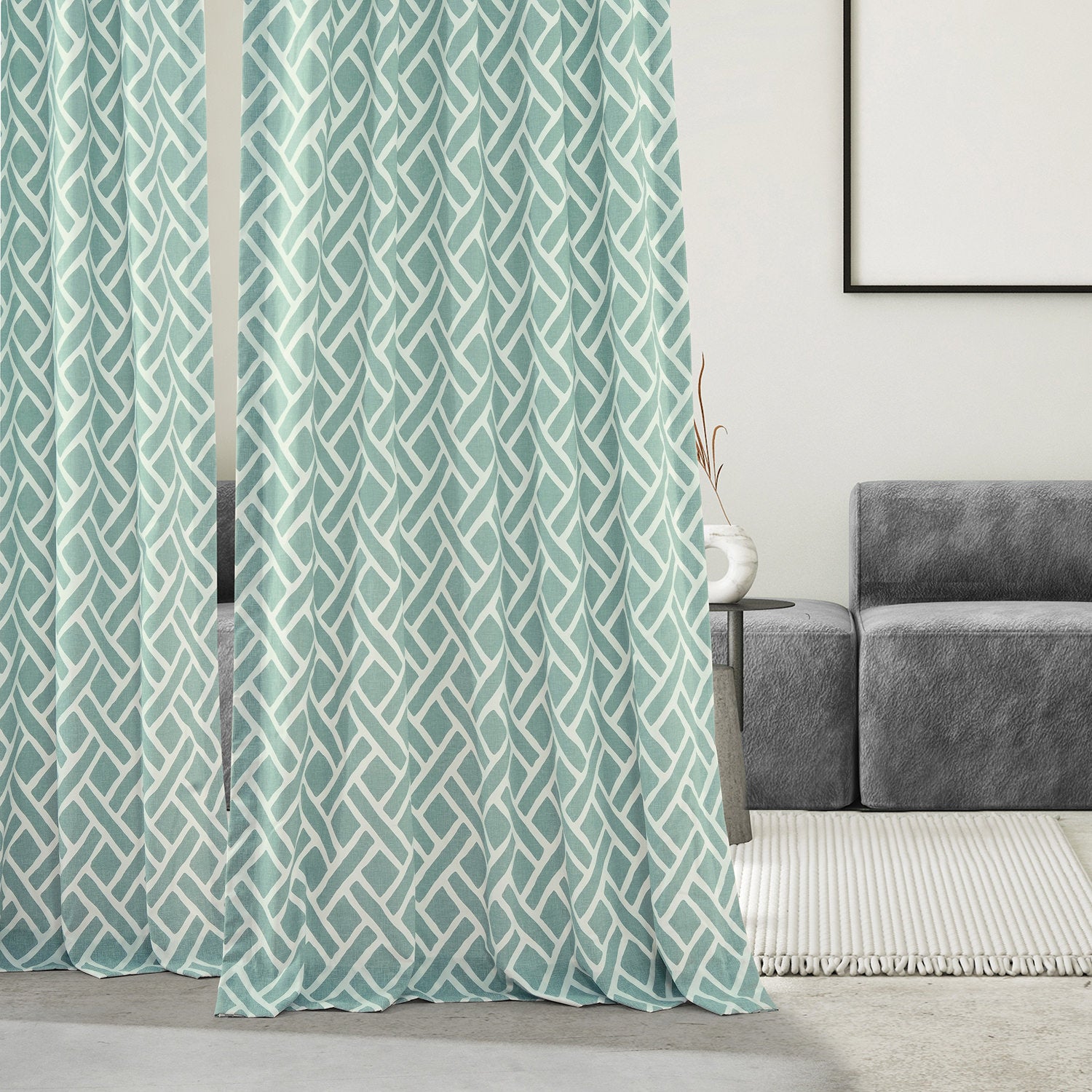 Martinique Aqua Geometric Printed Cotton Custom Curtain