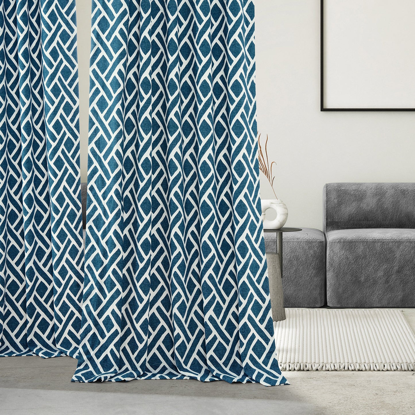 Martinique Blue Geometric Printed Cotton Custom Curtain