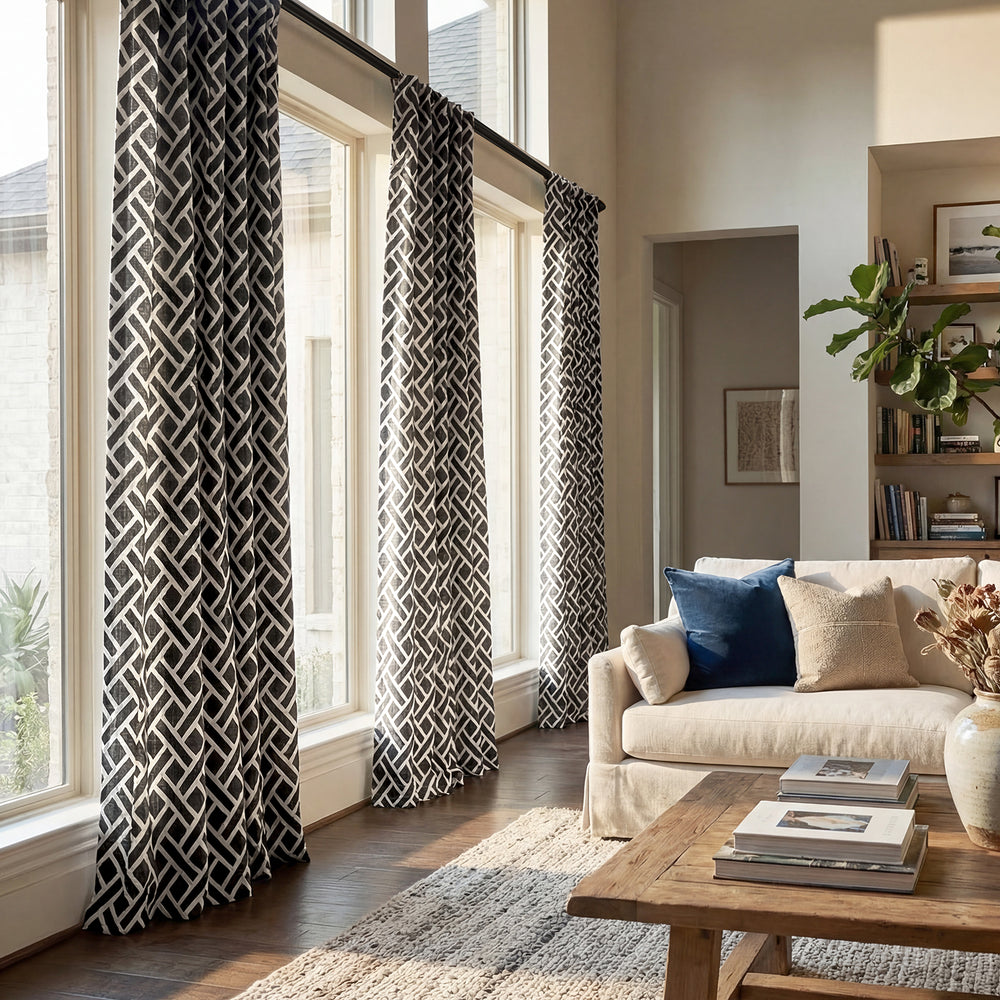 Martinique Black Geometric Printed Cotton Custom Curtain