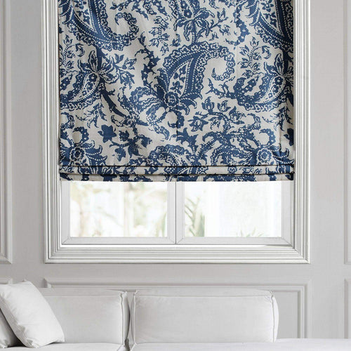 Edina Washed Blue Paisley Printed Cotton Roman Shade
