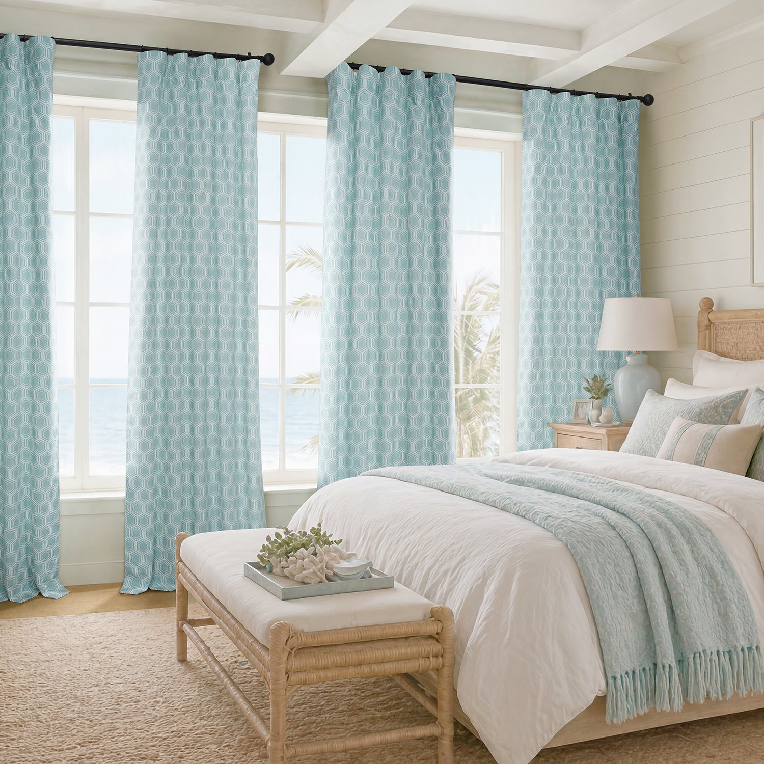 Honeycomb Ripple Aqua Geometric Printed Cotton Custom Curtain